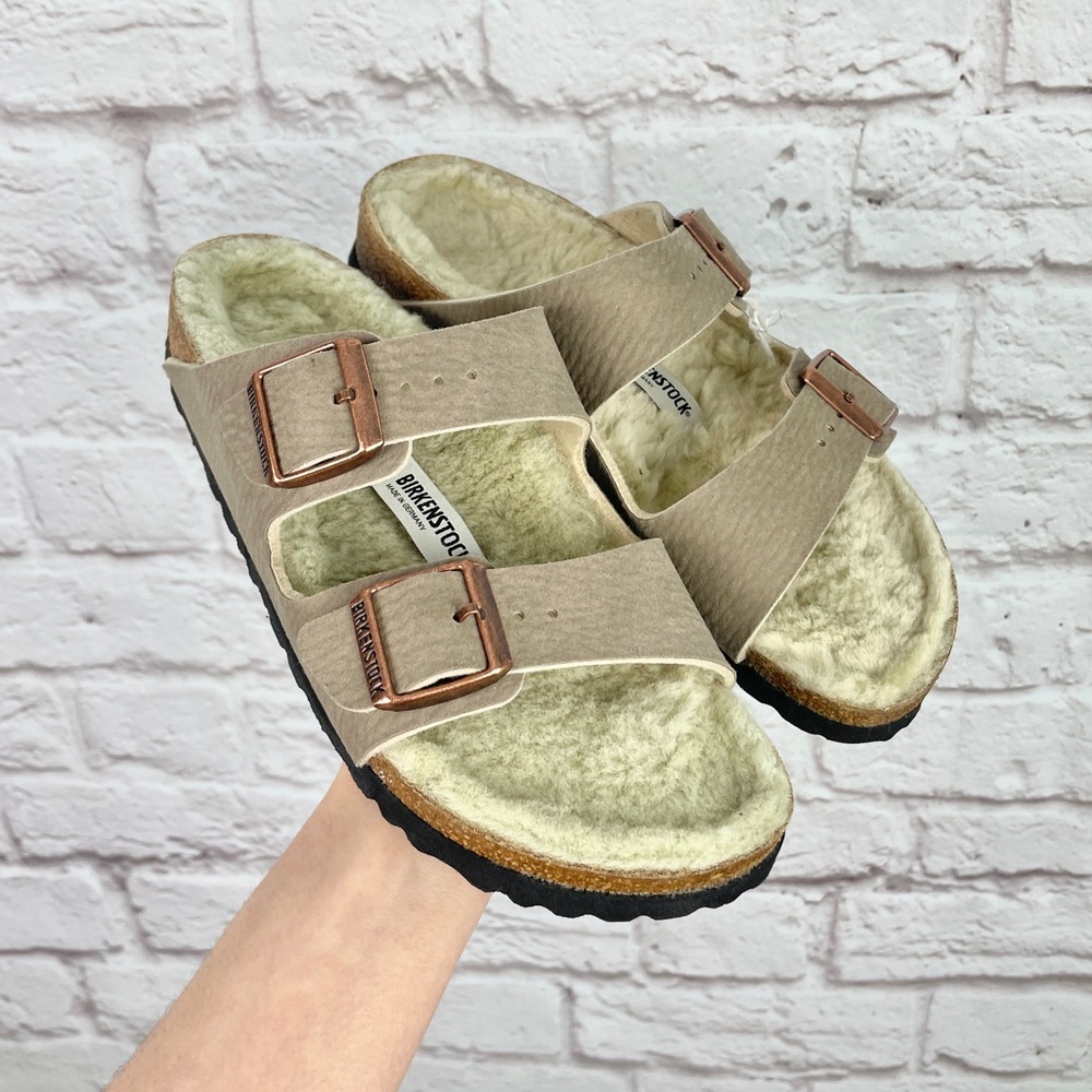 Birkenstock Desert Dust Gray Taupe Arizona Shearling Fur Lined Sandals Size 5